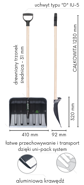 Łopata do odśnieżania 41 cm Basic z drewnianym trzonkiem i metalową listwą ochronną.