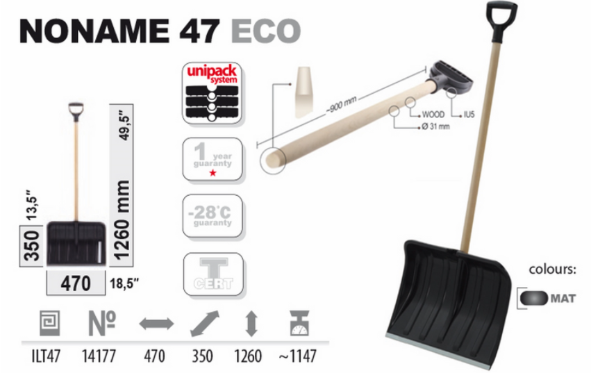 Łopata do odśnieżania 47 cm ECO 47 z drewnianym trzonkiem i aluminiową listwą ochronną.