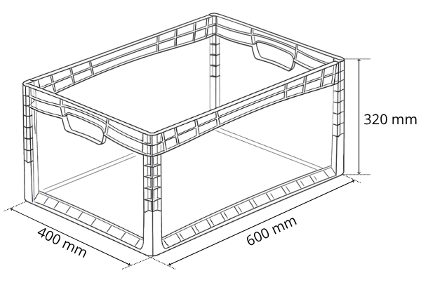 Rysunek techniczny pojemnika Rysunek techniczny i przekrój geometryczny przezroczystego pojemnika plastikowego Euro-Norm 600x400x320 mm