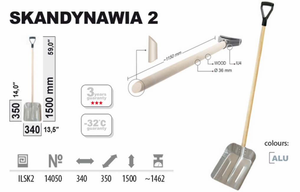 Łopata aluminiowa 34cm Skandynawia z drewnianym trzonkiem i rączką IU4.