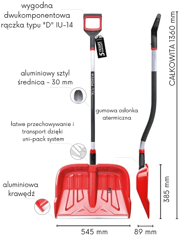 Szufla do śniegu 55 cm profesjonalna Profi Ergo oparta na wygiętym trzonku aluminiowym.