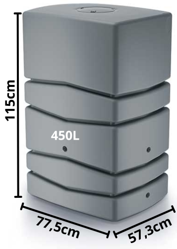 Wymiary szarego zbiornika na deszczówkę Aqua Tower 450l Prosperplast