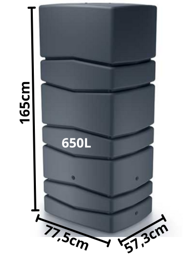 Wymiary antracytowego zbiornika na deszczówkę Aqua Tower 650l Prosperplast