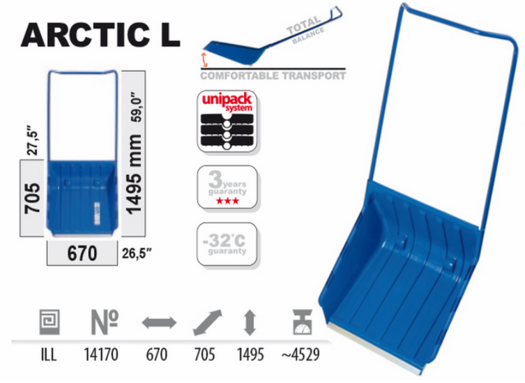Zgarniacz do śniegu 67 cm Arctic L na kółkach z metalowym pałąkiem Ø 22 mm.